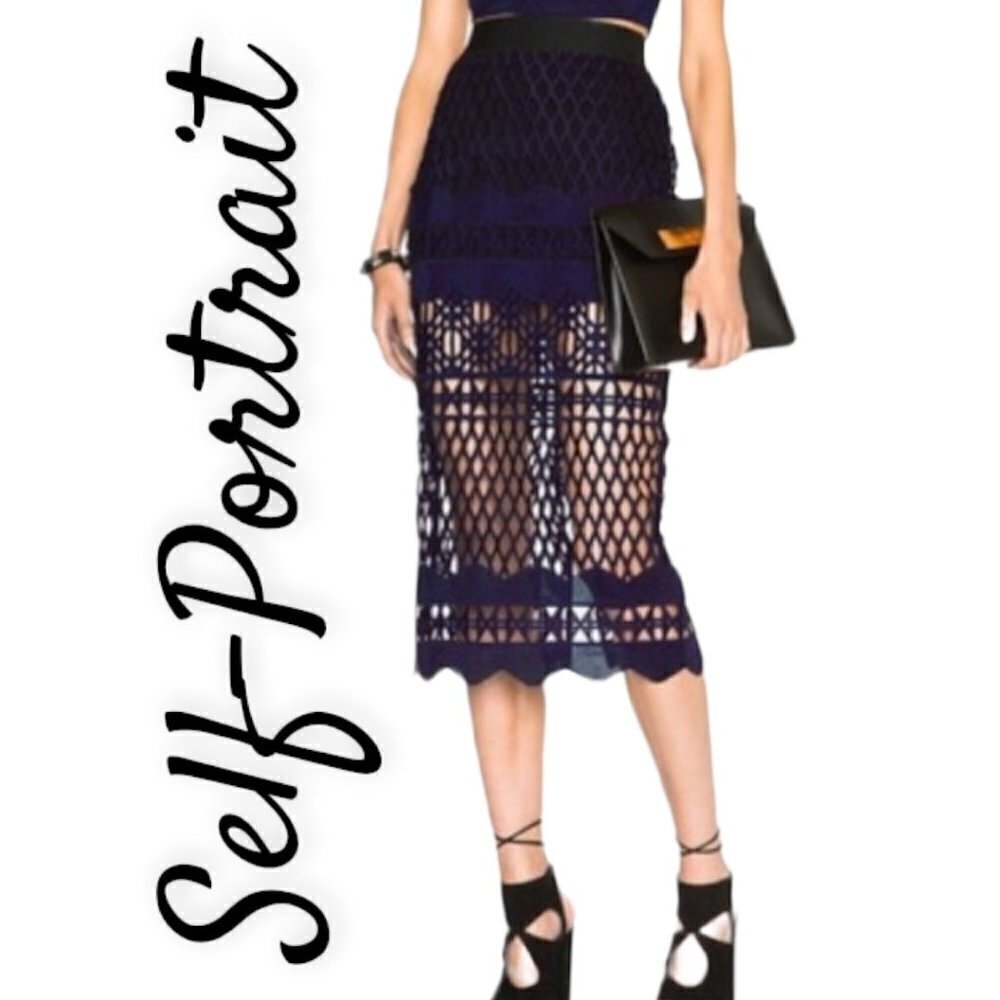NWT Self-Portrait Cutwork Lace Pencil Skirt‎ in Deep Purple & Black, Size 0